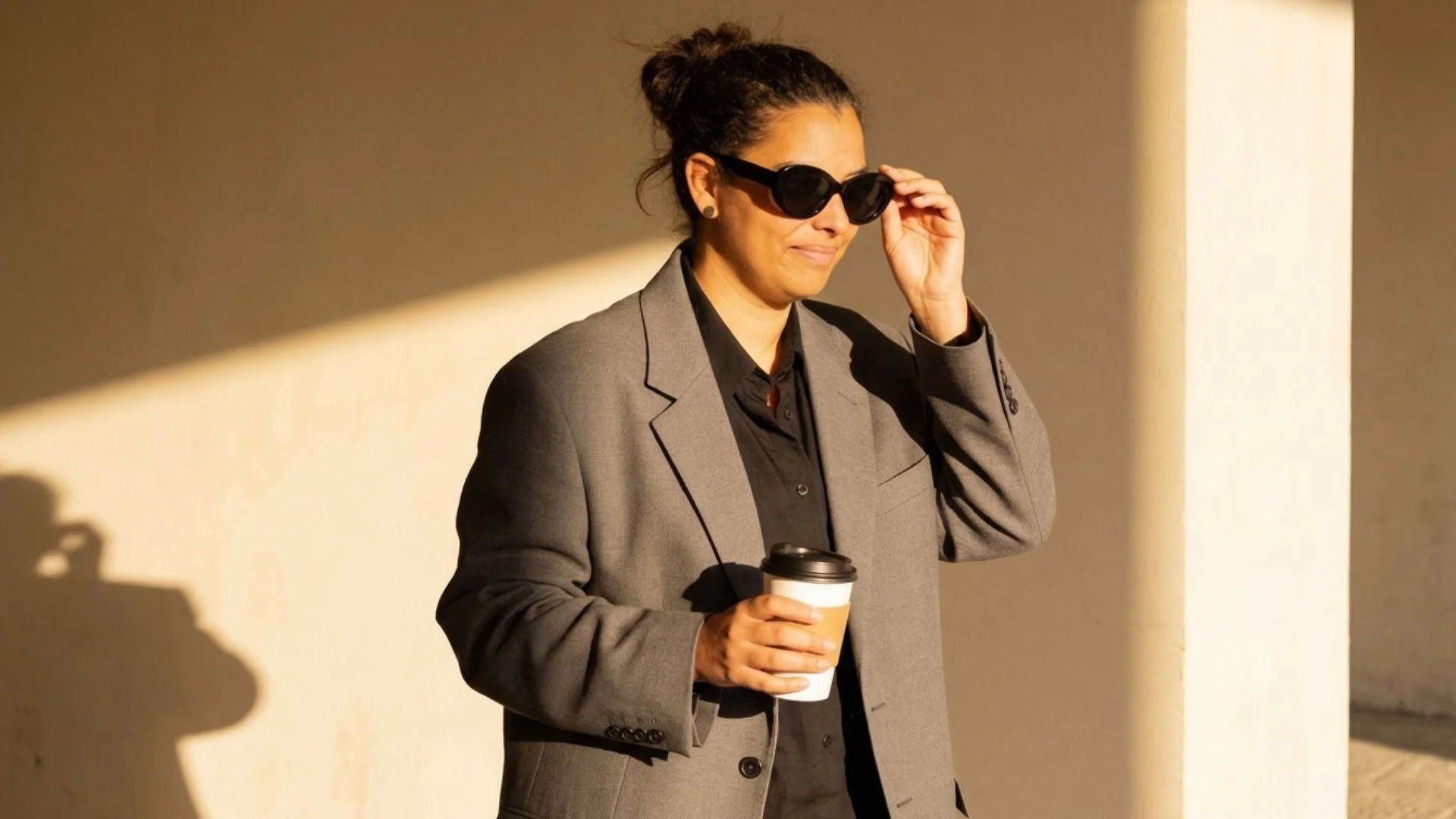 Melanie Hagel mit Kaffeebecher bei der Arbeit